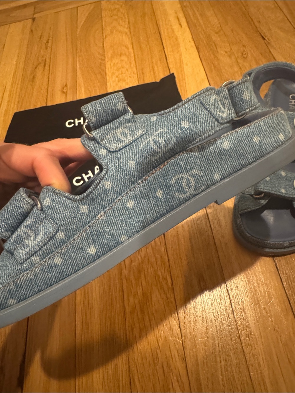 CHANEL Denim Blue Logo Button Gladiator Sandals - Picture 3 of 5